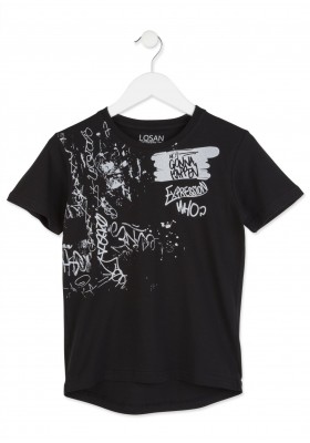Camiseta LOSAN niño de punto liso en color negro con estampado