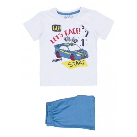 Pijama de camiseta color blanco y bermuda de color azul para niño Losan 915-P001